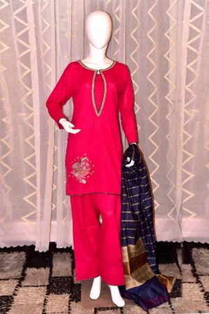 Self Jacquard Lawn 3 Piece hand work