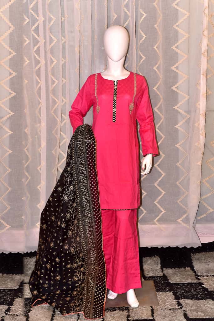 Self Jacquard Lawn 3 Piece hand work