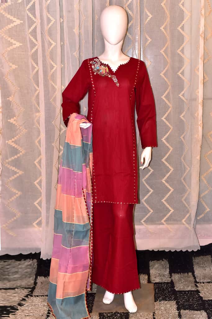 self Jacquard Lawn 3 Piece hand work